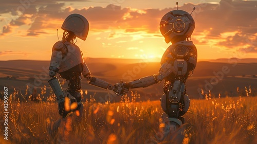 Futuristic scene of two robots shaking hands in a sunset field, ideal for content on innovation and technology © Anastasia Knyazeva
