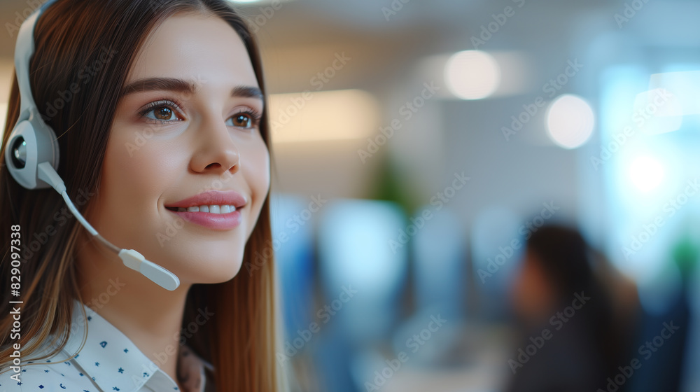 Focused on a young female call center support employee Focused on a young female call center support employee