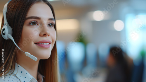 Focused on a young female call center support employee