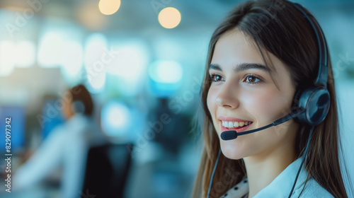 Focused on a young female call center employee. White and blue hues