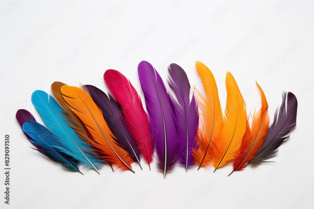 Fototapeta premium Colorful feathers on blank white background