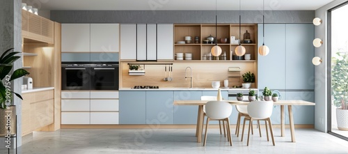 Modern Nordic kitchen interior with white and pastel blue cabinets, light wood accents, and clean lines