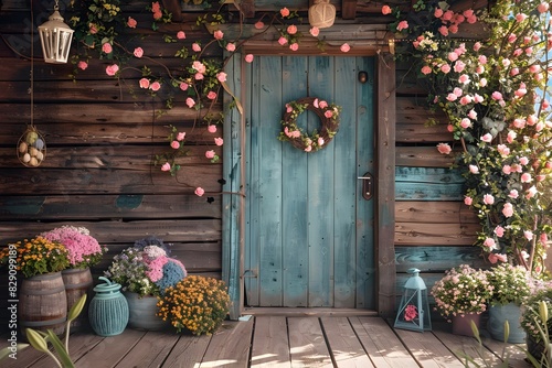 Door blooms wreath blue floral entrance photo