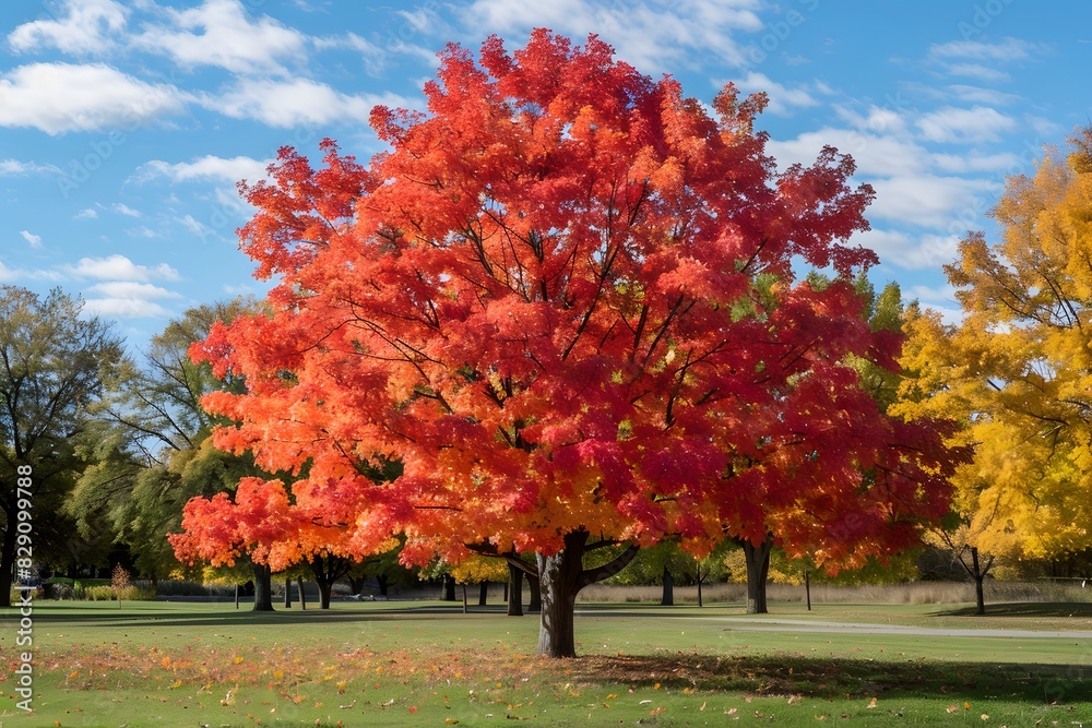 Naklejka premium Tree red leaves park blue sky