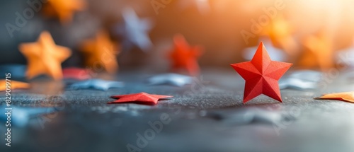 Abstract depiction of a review chart with one star highlighted in red, minimalistic design, bright colors, space for text