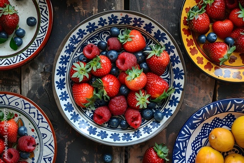 Bowl strawberries blueberries table photo