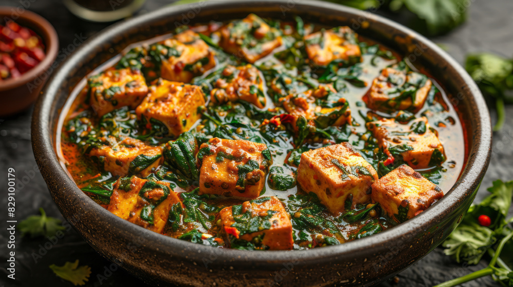 Palak Paneer indian traditional food with cheese and spinach on black background, view from above,generative ai Palak Paneer indian traditional food with cheese and spinach on black background, view from above,generative ai
