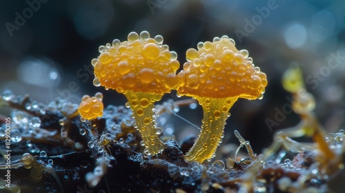 Two colonies of slime mold likely Diachea sp meet on organic material photo