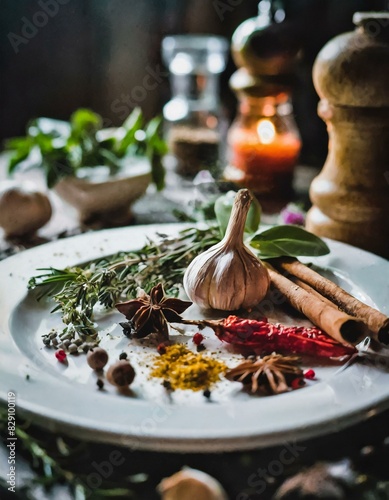 herbs and spices arranged on a white plate, food, decoration, cooking, kitchen, aromatherapy
