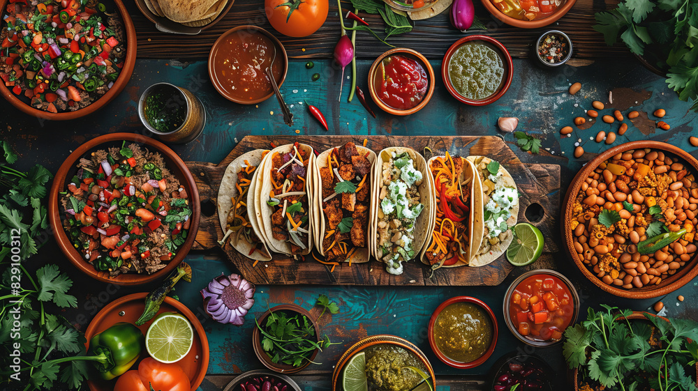 Overhead shot of a dinner table with Mexican food and hands. Tacos, beans, carnitas, habanero, salsa,generative ai Overhead shot of a dinner table with Mexican food and hands. Tacos, beans, carnitas, habanero, salsa,generative ai