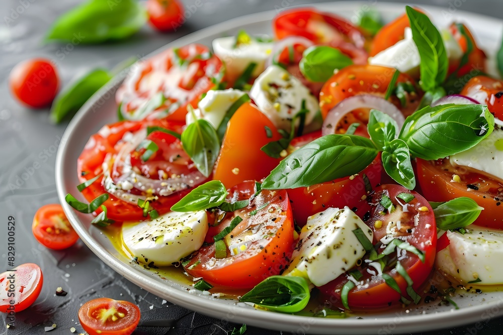 Tomatoes and mozzarella on plate closeup Tomatoes and mozzarella on plate closeup