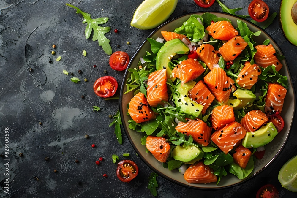 Plate with avocado salmon close-up Plate with avocado salmon close-up