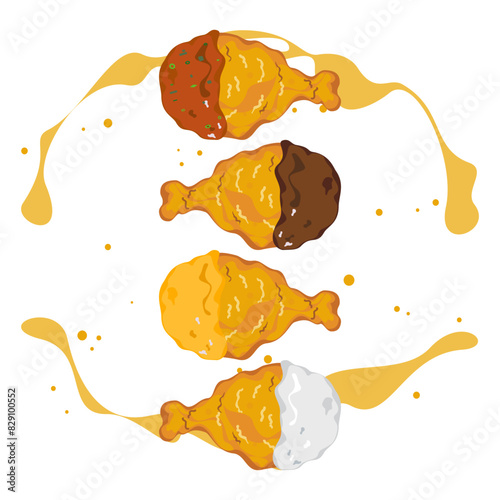 Cartoon set of crispy fried chicken coated in 4 different sauces, Korean sauce, BBQ sauce, cheese sauce, onion sauce, and crunchy fast food. delicious food menu inverter illustration.