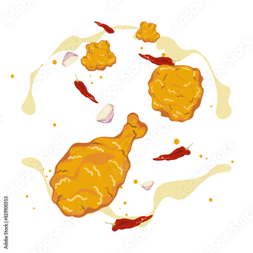 Cartoon set of spicy crispy fried chicken and spices flying in the air Crispy fast food, wings, thighs, thighs, chicken nuggets, chicken pops, delicious food menu. inverter illustration.
