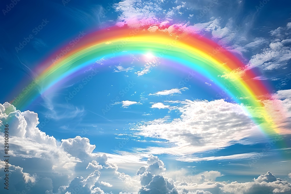Boat under rainbow in cloudy sky Boat under rainbow in cloudy sky