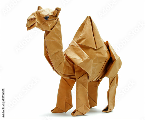 Origami Paper Camel in Wet-Folding Technique, Brown Handmade Figurine Isolated on White