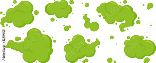 Fart smell cloud, bad gas bubble, toxic smoke, cartoon stink breath, poison steam, odour and spray isolated on white background. Aroma sound effect set. Comic vector illustration