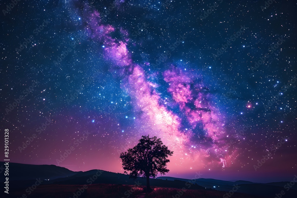 Fototapeta premium Solitary tree on hill under starry sky
