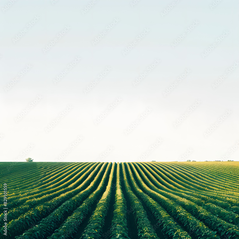 Vast agricultural field at sunset, showcasing rows of vibrant soybean green crops under a vast sky isolated on white background, simple style, png
