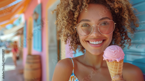 Smiling woman curly hair wearing sunglasses holding pink ice cream cone, colorful background