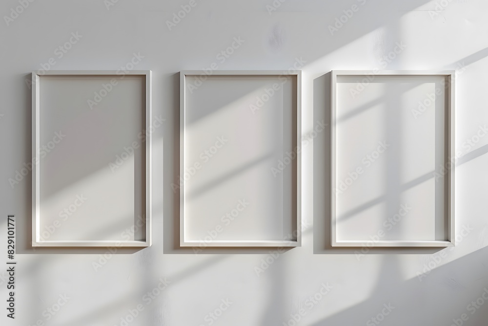 Three white frames empty on wall Three white frames empty on wall