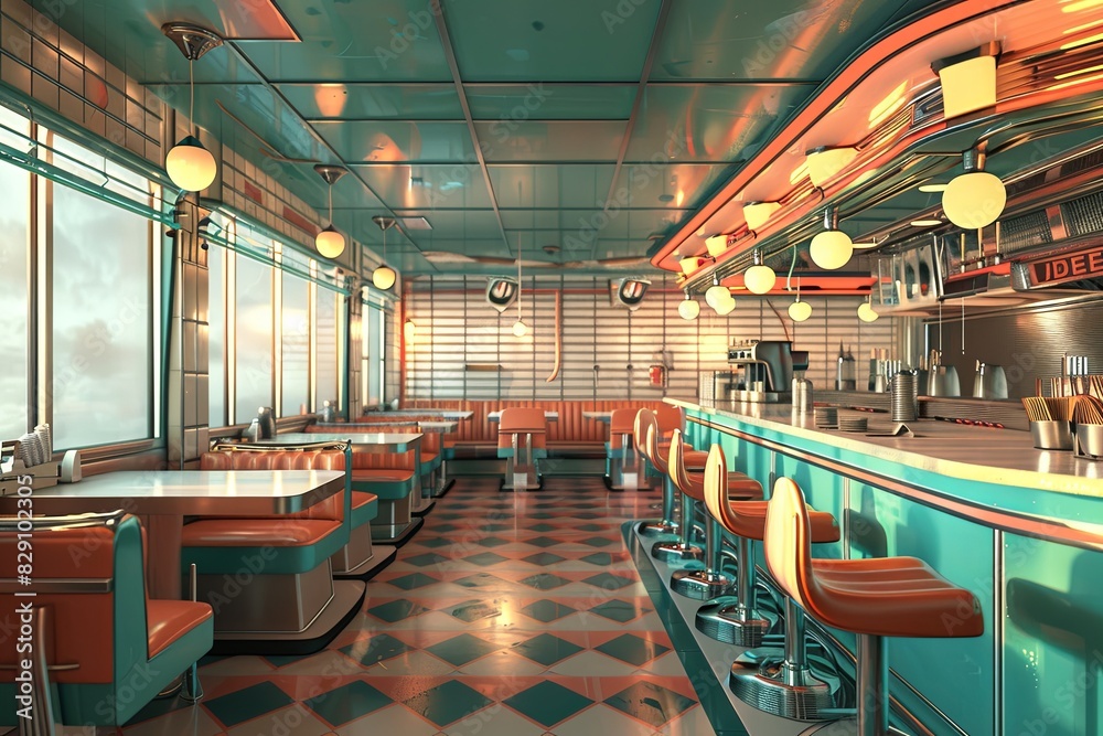 Digital rendering of a classic 50s diner with a modern twist, featuring checkered flooring and retro decor