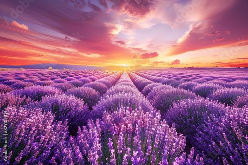 Lavender flowers bloom in a vast field as the sun sets in the background
