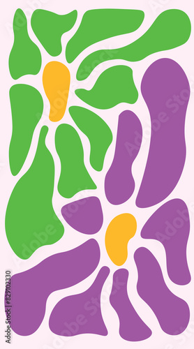 Imagen vertical de dos flores tipo groovy o psicodélicas color verde y morada