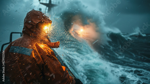 a seaman on a tanker during stormy sea, dramatic, cinematic lighting,generative ai © Suralai