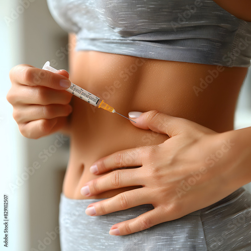 Diabetes. woman making insulin injection into her belly indoors, closeup isolated on white background, png 