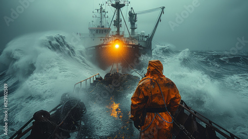 a seaman on a tanker during stormy sea  dramatic  cinematic lighting generative ai