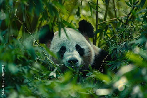 A panda bear leisurely sits in the middle of a dense, green forest surrounded by trees
