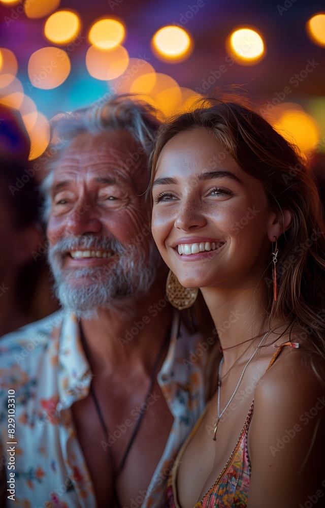 Joyful party scene. A woman and an elderly man dance exuberantly, celebrating life together Joyful party scene. A woman and an elderly man dance exuberantly, celebrating life together