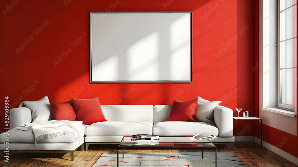 Modern Living room interior design, red wall, blank white empty photo frame mock up, background, copy space area