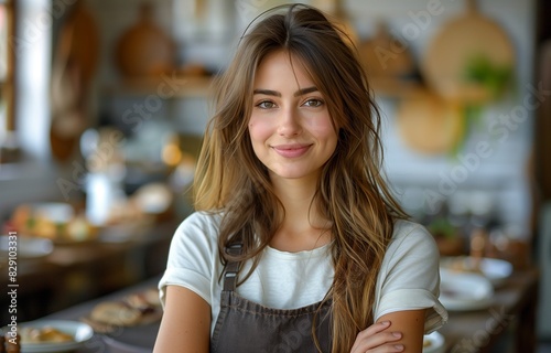 Young female cafe owner smiles confidently  arms crossed  in front of stylish American coffee shop interior  wearing apron