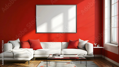 Obraz na płótnie Modern Living room interior design, red wall, blank white empty photo frame mock up, background, copy space area w salonie