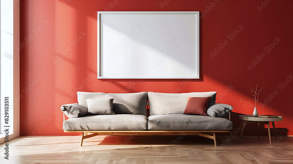 Modern Living room interior design, red wall, blank white empty photo frame mock up, background, copy space area