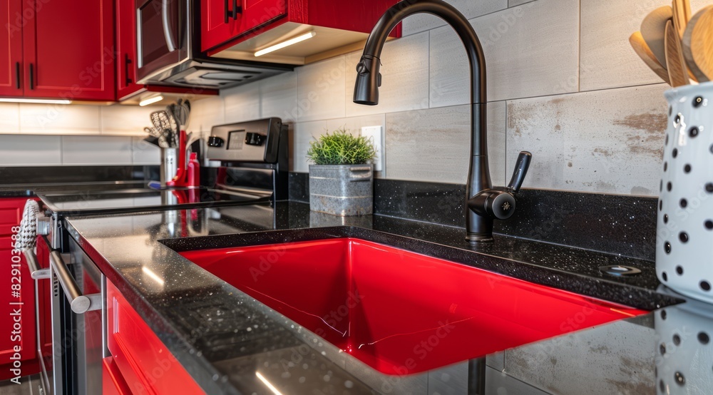 Modern red small kitchen featuring a matte red sink, integrated microwave, and black granite countertops Modern red small kitchen featuring a matte red sink, integrated microwave, and black granite countertops