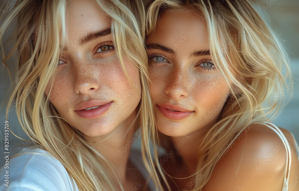 Blonde girls in white T-shirts take a selfie together outside, enjoying a sunny day Blonde girls in white T-shirts take a selfie together outside, enjoying a sunny day