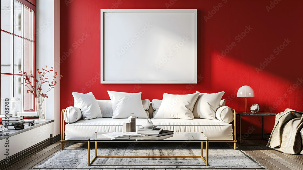 Modern Living room interior design, red wall, blank white empty photo frame mock up, background, copy space area