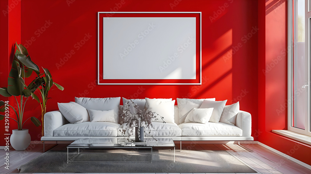 Modern Living room interior design, red wall, blank white empty photo frame mock up, background, copy space area