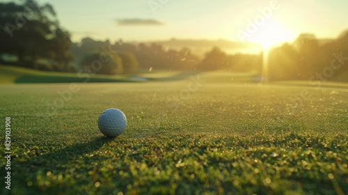 Close-up view of a golf ball on the tee at sunrise, with dew-covered grass and soft sunlight.