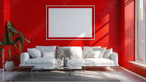 Obraz na płótnie Modern Living room interior design, red wall, blank white empty photo frame mock up, background, copy space area w salonie