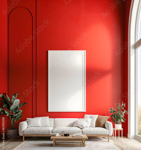 Obraz na płótnie Modern Living room interior design, red wall, blank white empty photo frame mock up, background, copy space area w salonie
