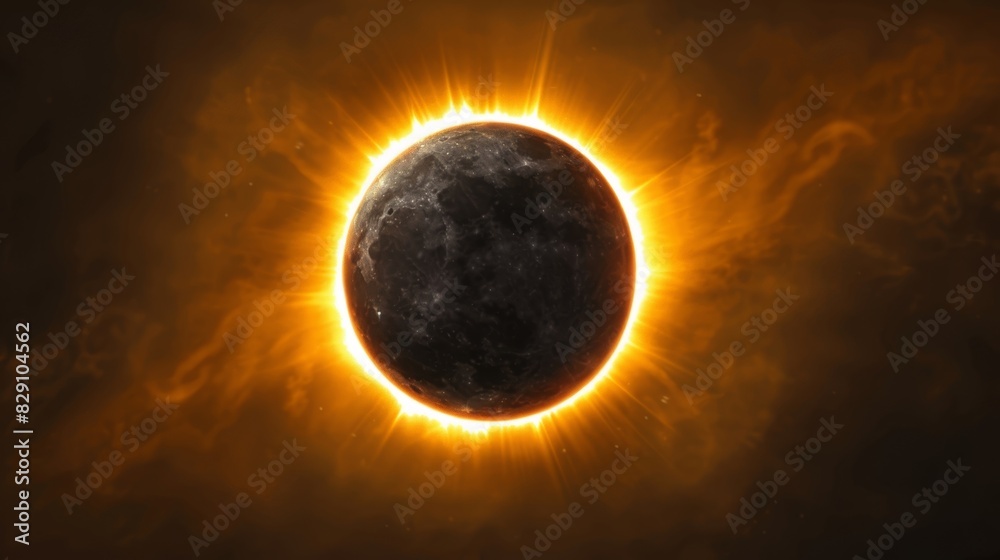 A view from space of the iconic Ring of Fire solar eclipse with the moon perfectly aligned in front of the sun.