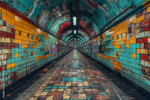 A derelict subway station haunted by the echoes of distant trains, its tiled walls covered in layers of grime and graffiti. Concept of urban decay. Generative Ai.