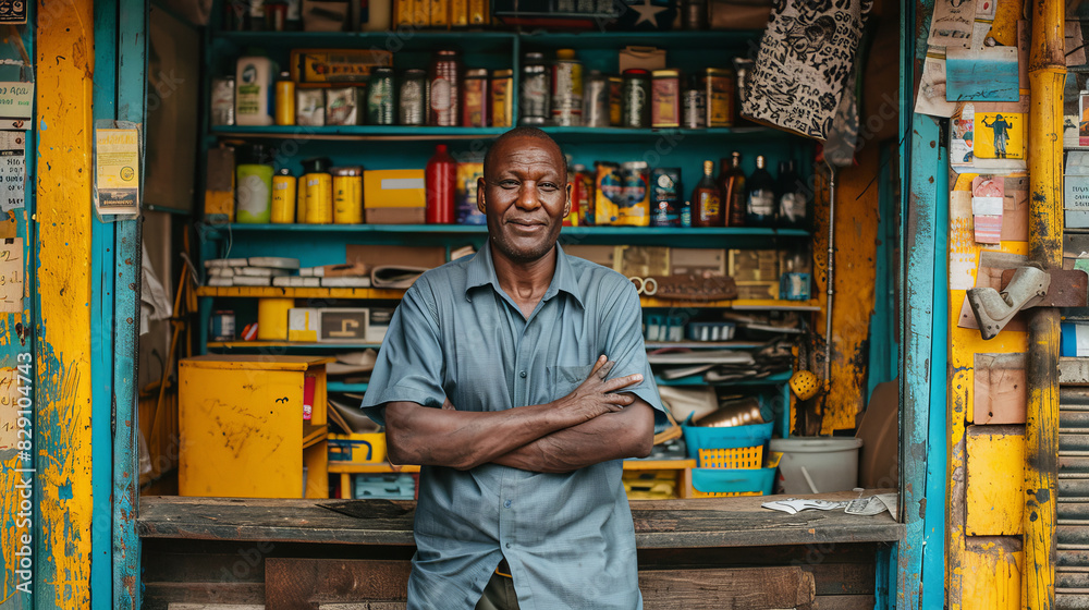 Elderly African man standing confidently in his colorful hardware shop filled with various items.