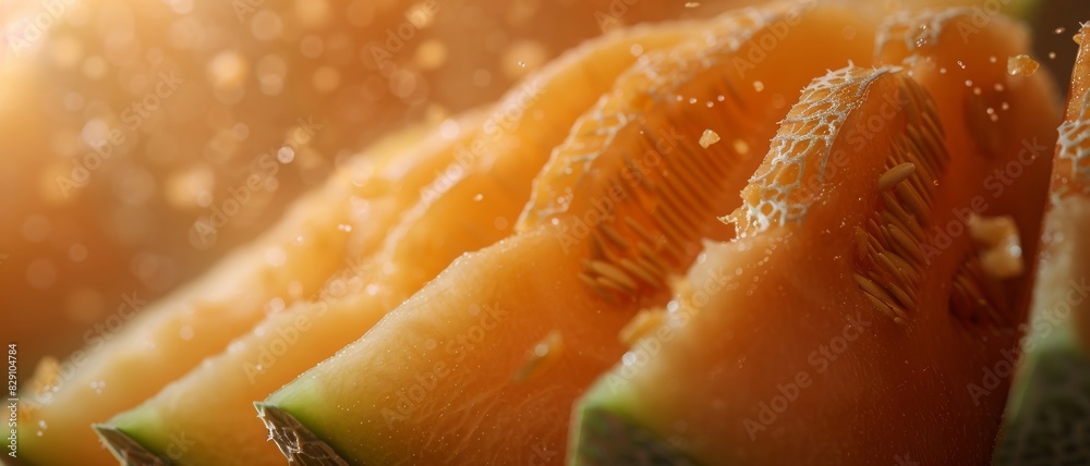 Cantaloupe fruit close-up. Pieces of cantaloupe. Cantaloupe fruit close-up. Pieces of cantaloupe.