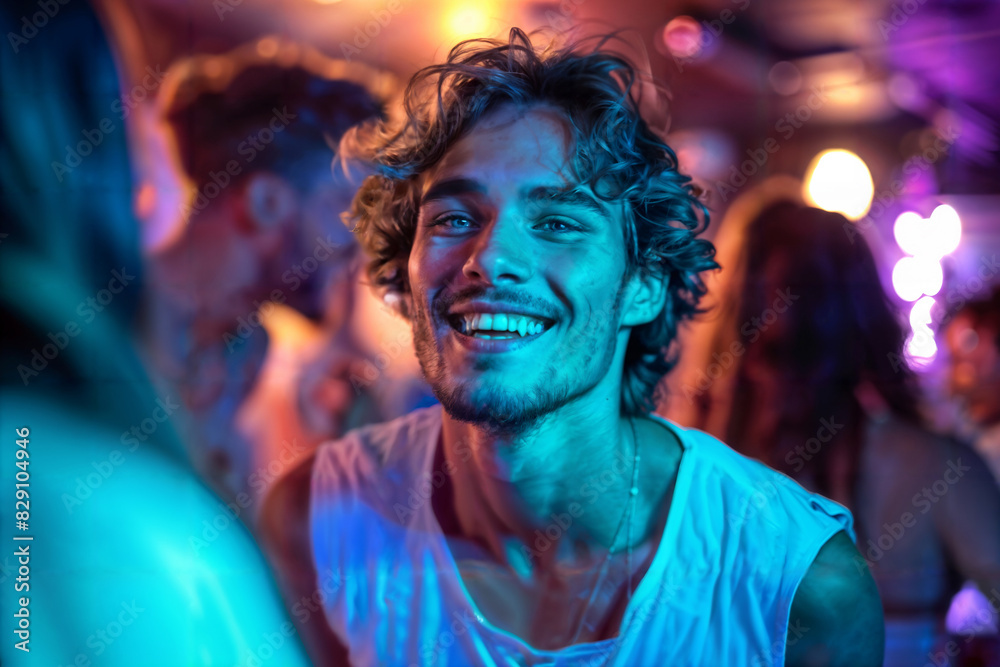 Young Man Enjoying a Night Out with Friends in a Dance Club