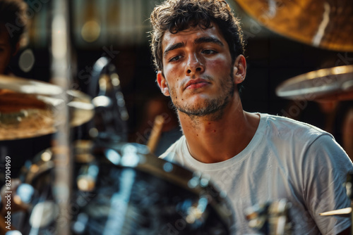 Young Man Playing Drums with Intensity at a Live Performance